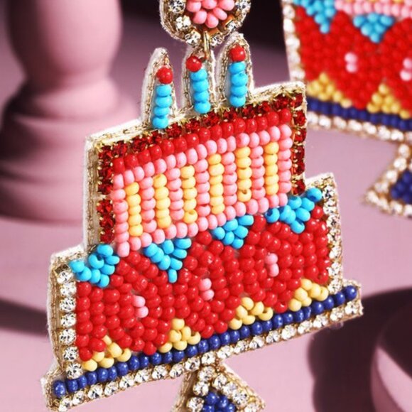 HAPPY BIRTHDAY Layer Cake Celebration Beaded Rhinestone Earrings - Picture 4 of 4